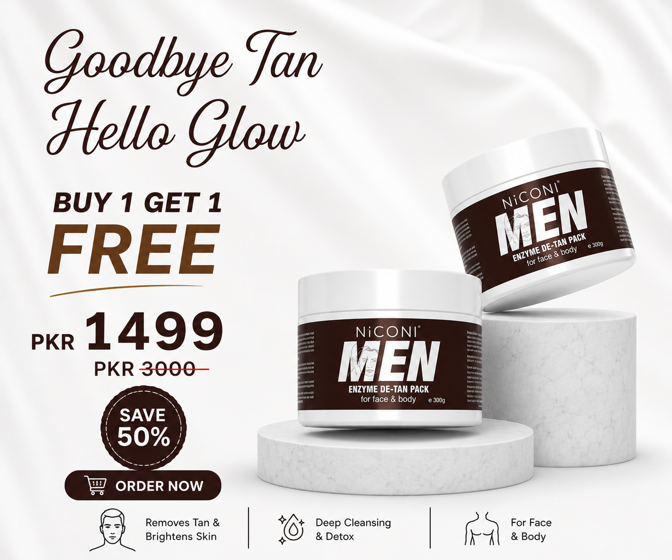 π₯ Buy 1 Get 1 FREE β Niconi Men Enzyme De-Tan Pack (300g Each)