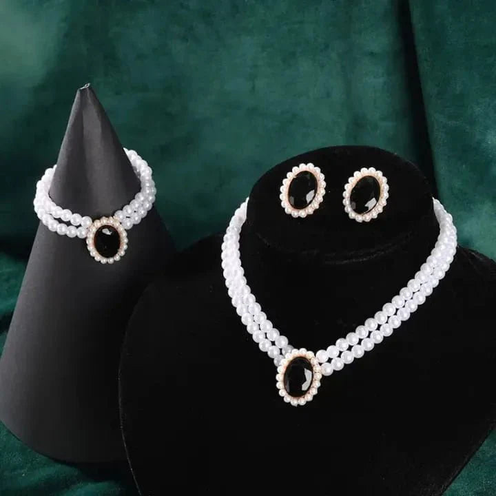 Stone Pearl Combo Jewelry Set – Necklace, Stud Earrings & Bracelet
